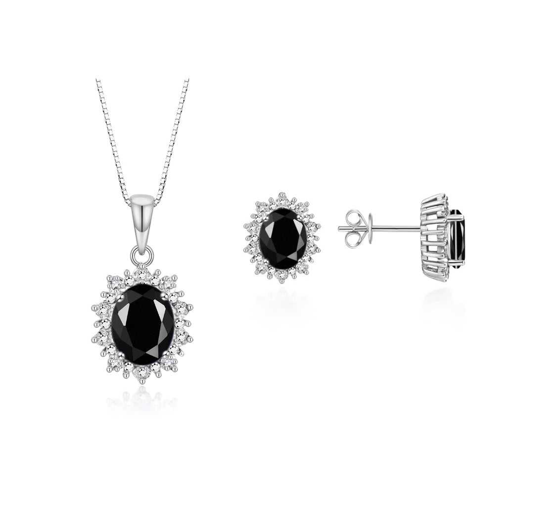RYLOS Matching Jewelry Set Sterling Silver Princess Diana Inspired: Earrings & Pendant Necklace with 18" Chain. Gemstone & Diamonds, 8X6MM Birthstone