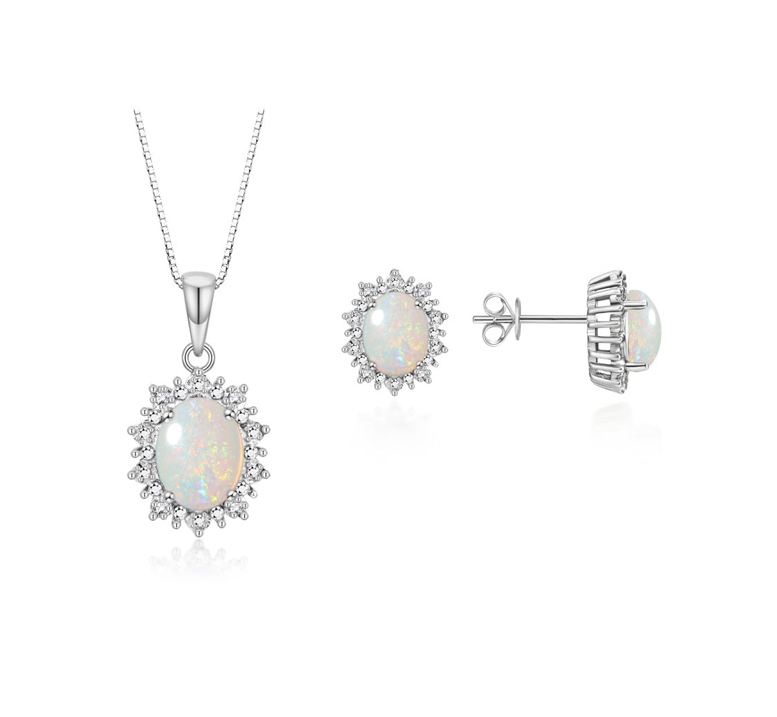 RYLOS Matching Jewelry Set 14K White Gold Princess Diana Inspired: Earrings & Pendant Necklace with 18" Chain. Gemstone & Diamonds, 8X6MM Birthstone