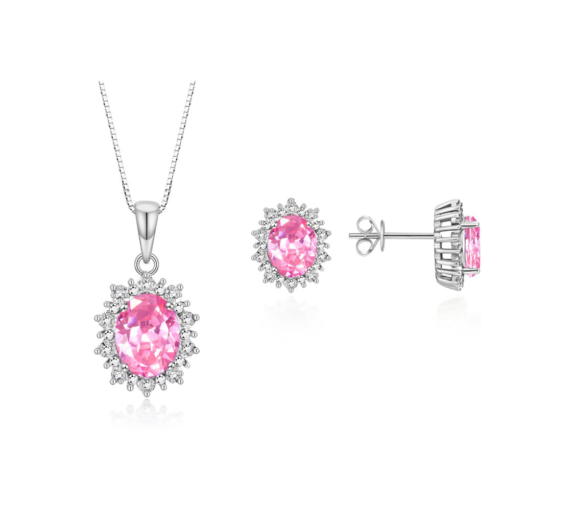 RYLOS Matching Jewelry Set 14K White Gold Princess Diana Inspired: Earrings & Pendant Necklace with 18" Chain. Gemstone & Diamonds, 8X6MM Birthstone