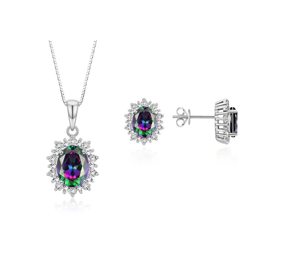 RYLOS Matching Jewelry Set Sterling Silver Princess Diana Inspired: Earrings & Pendant Necklace with 18" Chain. Gemstone & Diamonds, 8X6MM Birthstone