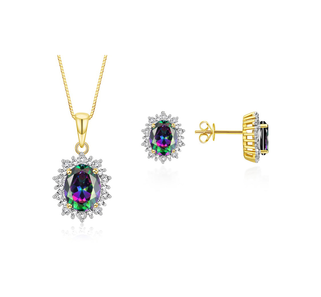 RYLOS Matching Jewelry Set Yellow Gold Plated Silver Princess Diana Inspired: Earrings & Pendant Necklace with 18" Chain. Gemstone & Diamonds, 8X6MM Birthstone