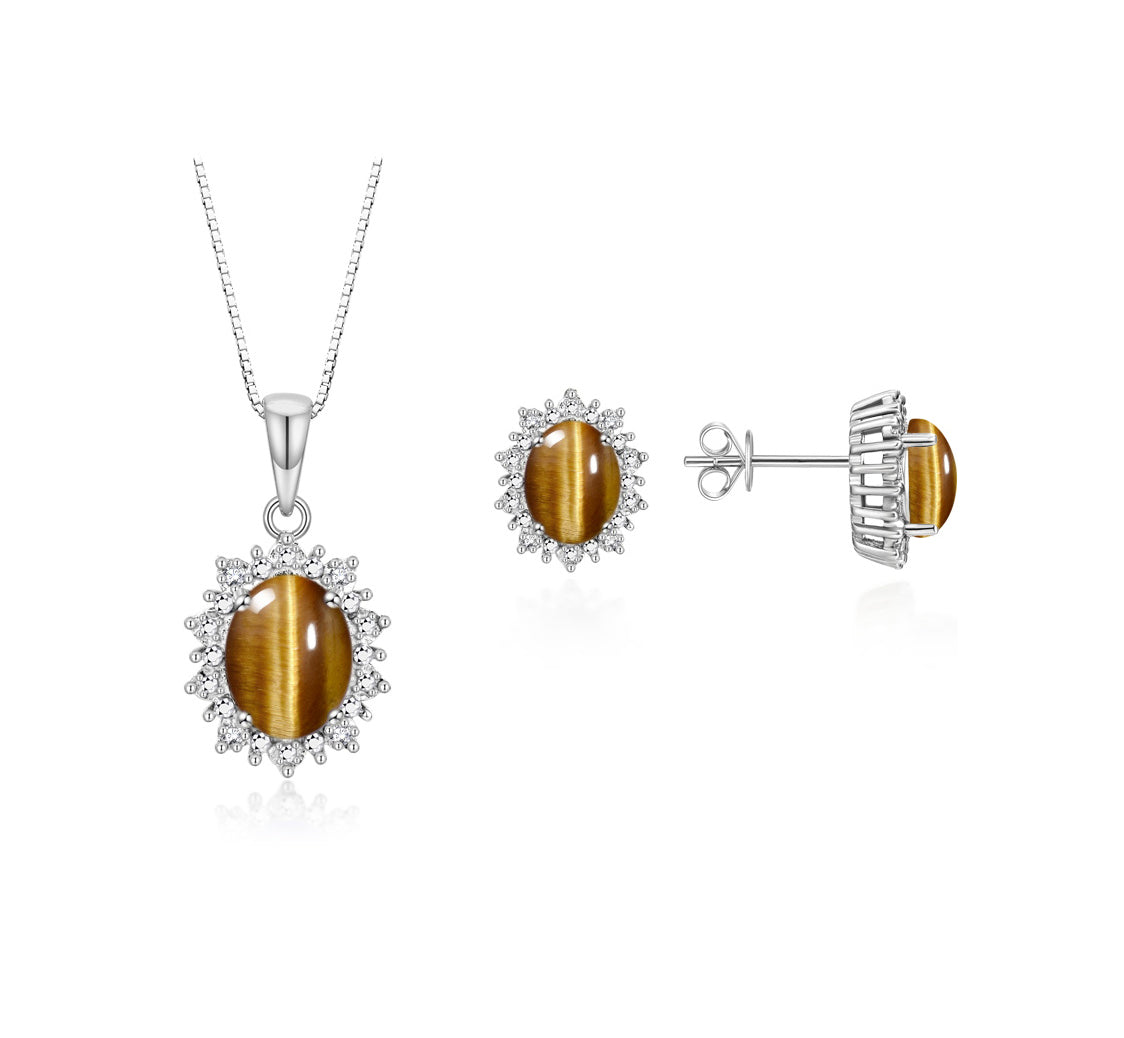 RYLOS Matching Jewelry Set Sterling Silver Princess Diana Inspired: Earrings & Pendant Necklace with 18" Chain. Gemstone & Diamonds, 8X6MM Birthstone