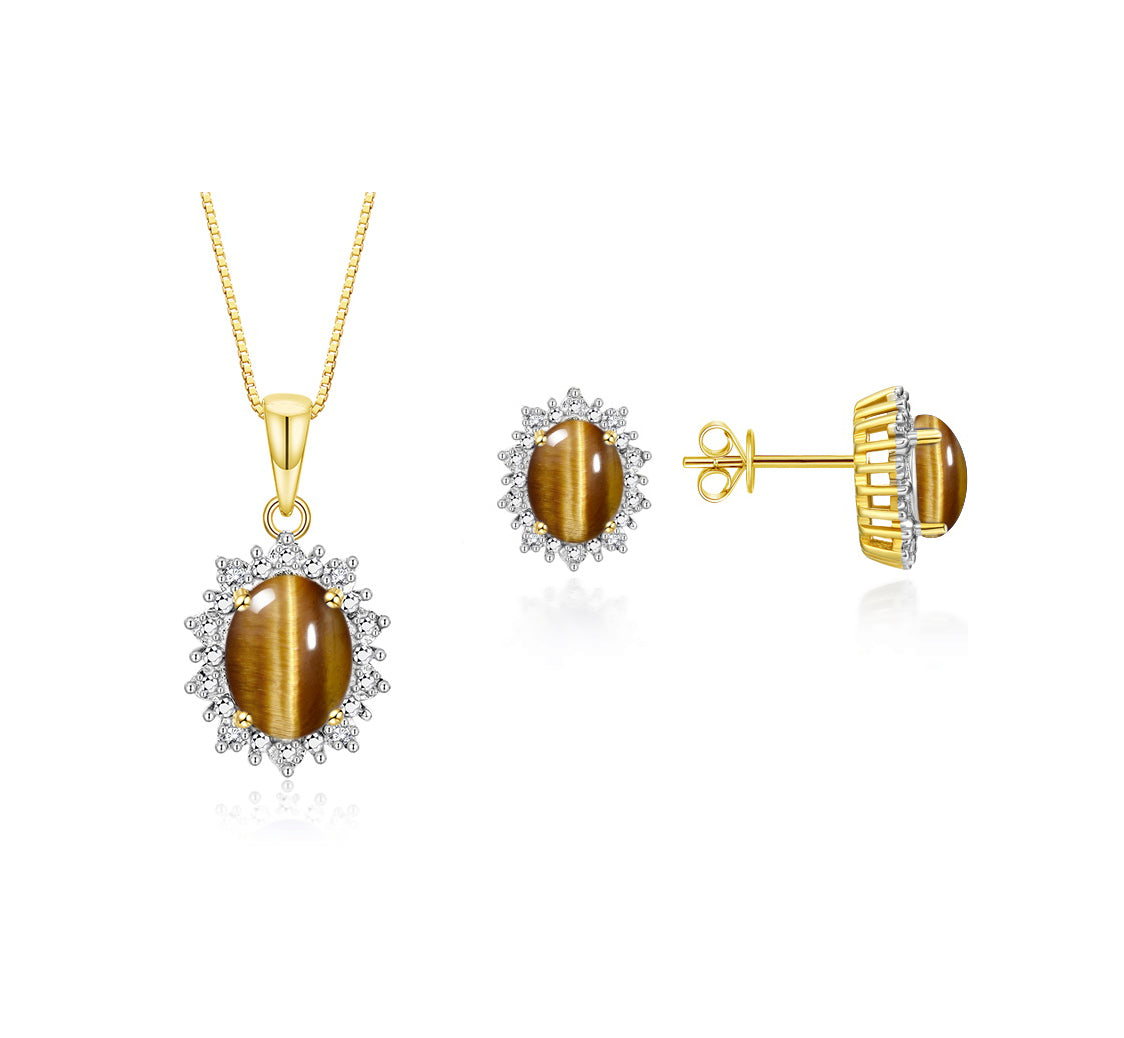 RYLOS Matching Jewelry Set Yellow Gold Plated Silver Princess Diana Inspired: Earrings & Pendant Necklace with 18" Chain. Gemstone & Diamonds, 8X6MM Birthstone