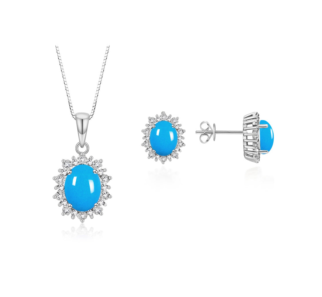 RYLOS Matching Jewelry Set Sterling Silver Princess Diana Inspired: Earrings & Pendant Necklace with 18" Chain. Gemstone & Diamonds, 8X6MM Birthstone