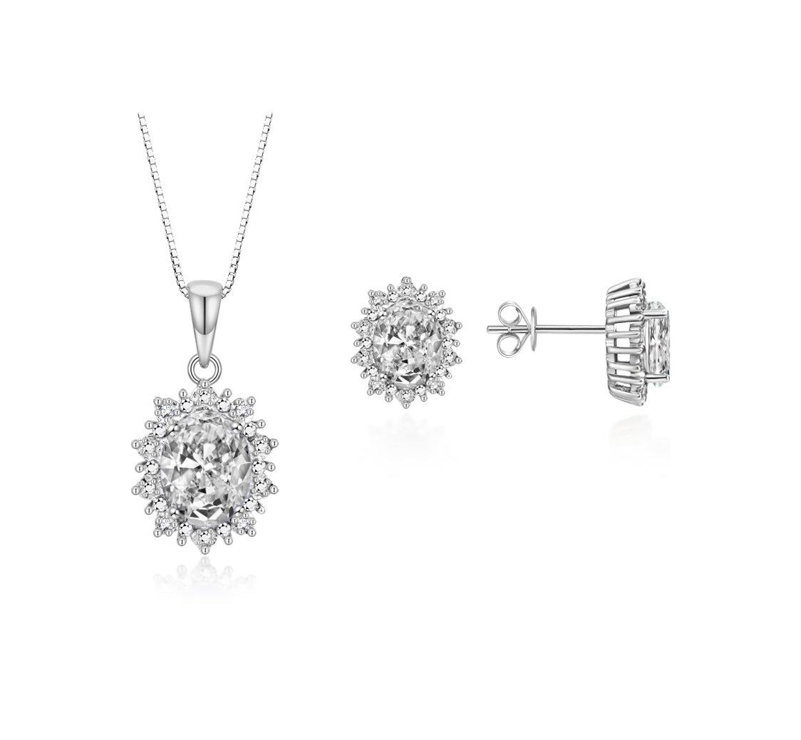 RYLOS Matching Jewelry Set 14K White Gold Princess Diana Inspired: Earrings & Pendant Necklace with 18" Chain. Gemstone & Diamonds, 8X6MM Birthstone