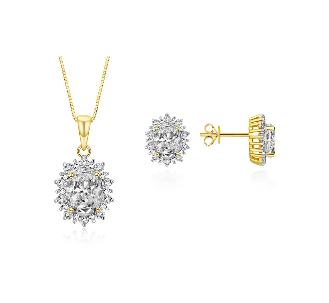 RYLOS Matching Jewelry Set Yellow Gold Plated Silver Princess Diana Inspired: Earrings & Pendant Necklace with 18" Chain. Gemstone & Diamonds, 8X6MM Birthstone