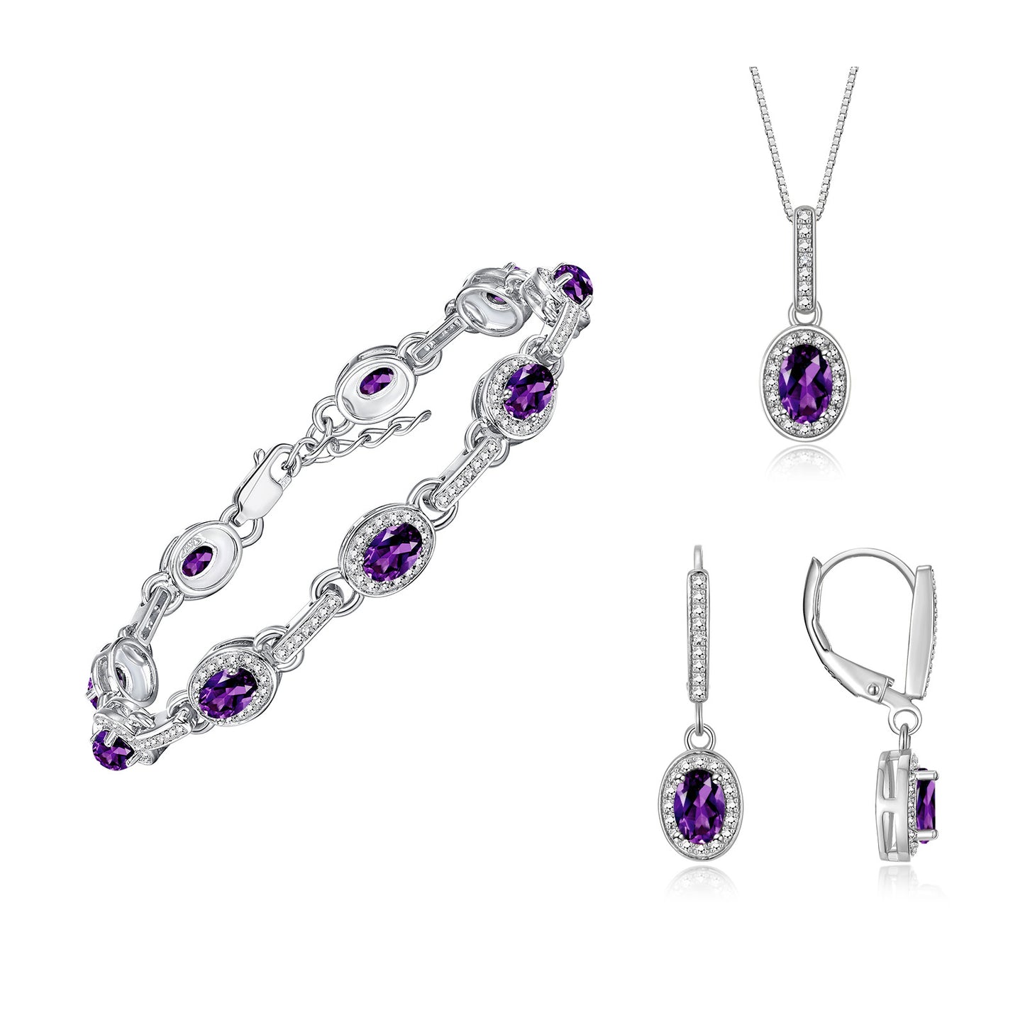 RYLOS Matching Jewelry Set Designer Halo Birthstone: 6X4MM Gemstone & Diamonds, Sterling Silver. Tennis Bracelet, Earrings & Necklace. Adjustable 7"-8" Wrist, 18" Chain.