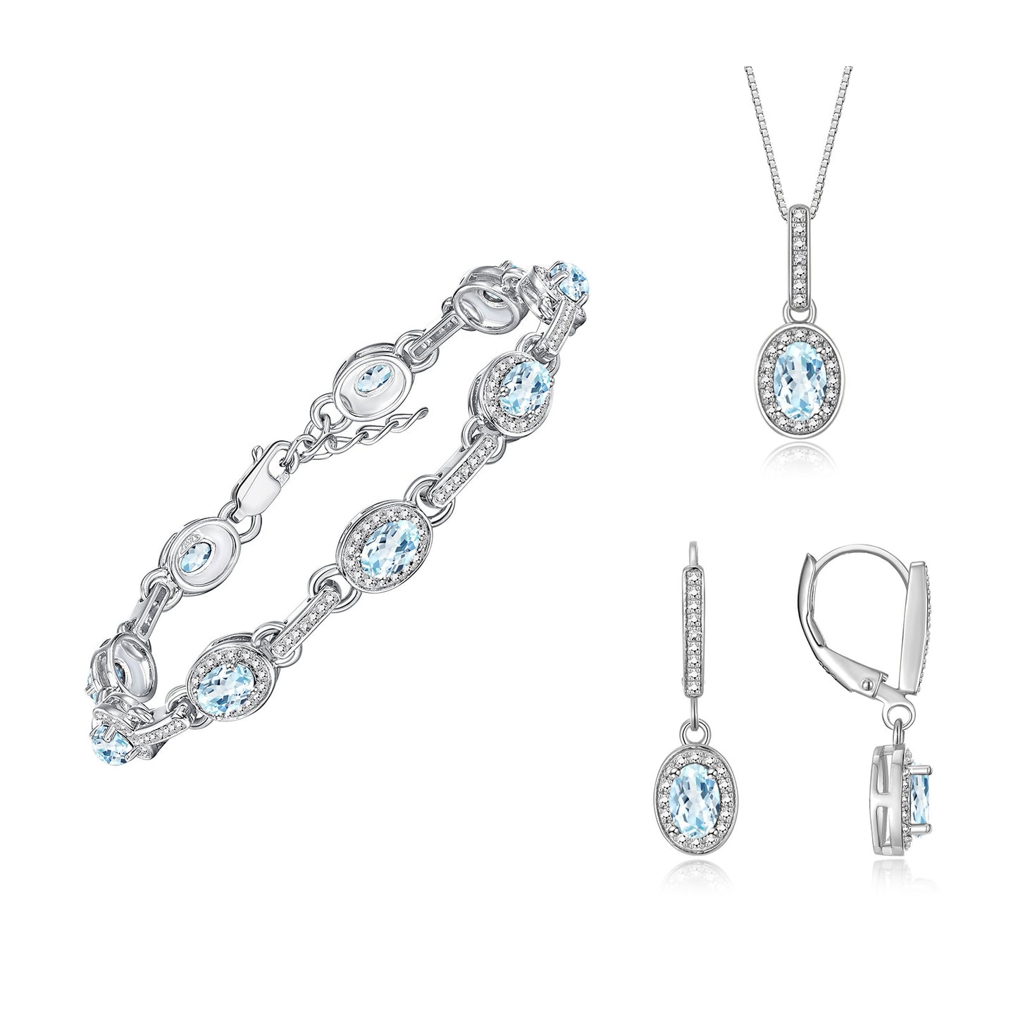 RYLOS Matching Jewelry Set Designer Halo Birthstone: 6X4MM Gemstone & Diamonds, Sterling Silver. Tennis Bracelet, Earrings & Necklace. Adjustable 7"-8" Wrist, 18" Chain.