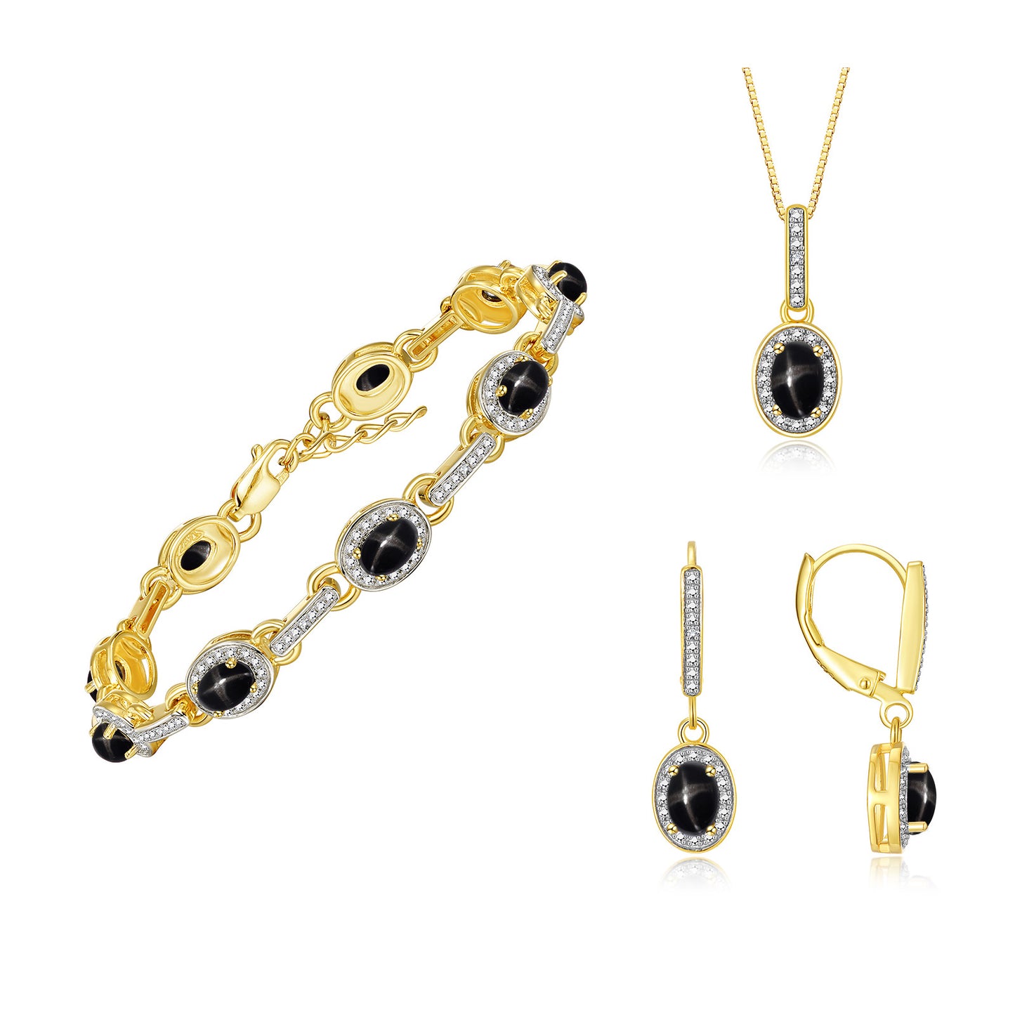 RYLOS Matching Jewelry Set Designer Halo Birthstone: 6X4MM Gemstone & Diamonds, Yellow Gold Plated Silver. Tennis Bracelet, Earrings & Necklace. Adjustable 7"-8" Wrist, 18" Chain.