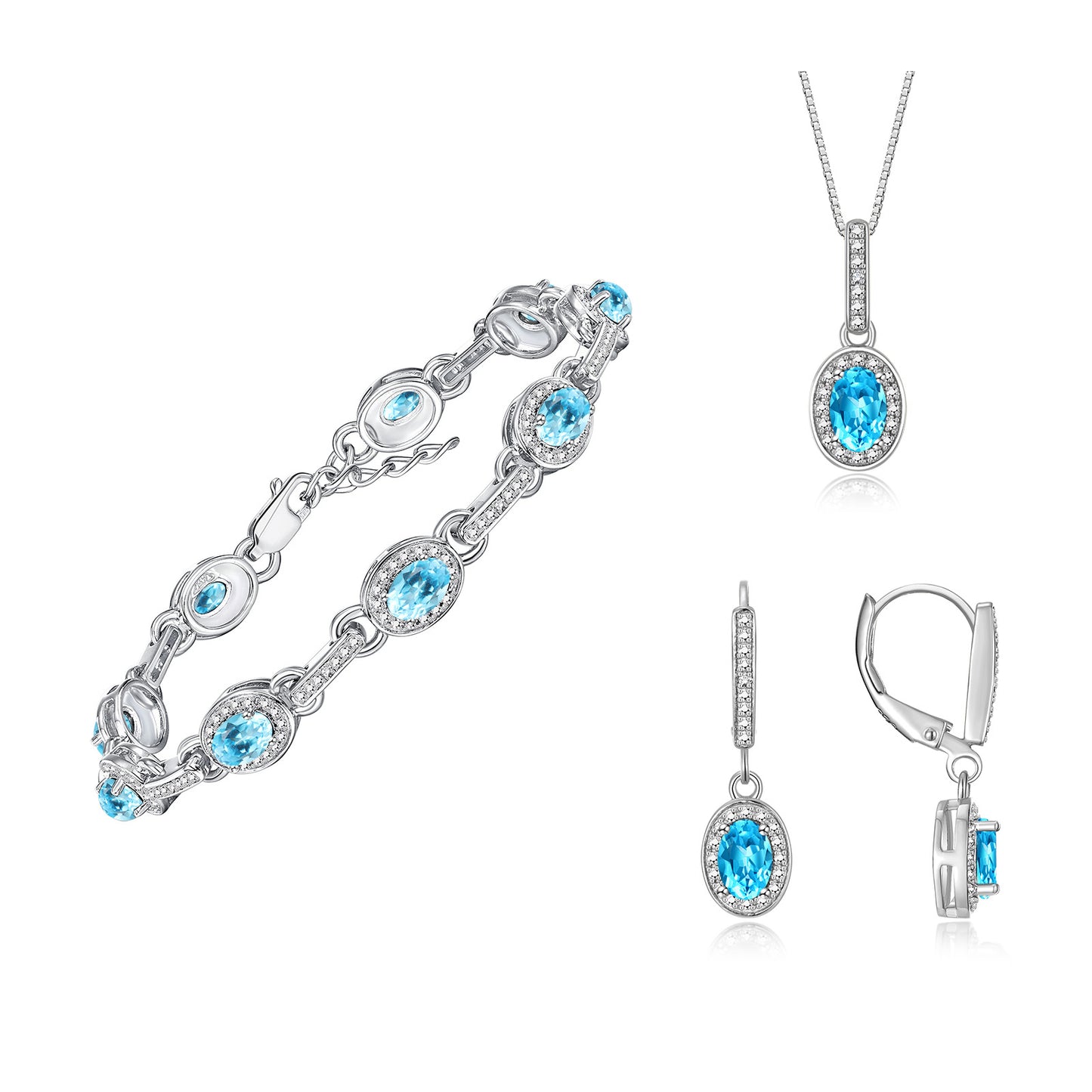 RYLOS Matching Jewelry Set Designer Halo Birthstone: 6X4MM Gemstone & Diamonds, Sterling Silver. Tennis Bracelet, Earrings & Necklace. Adjustable 7"-8" Wrist, 18" Chain.