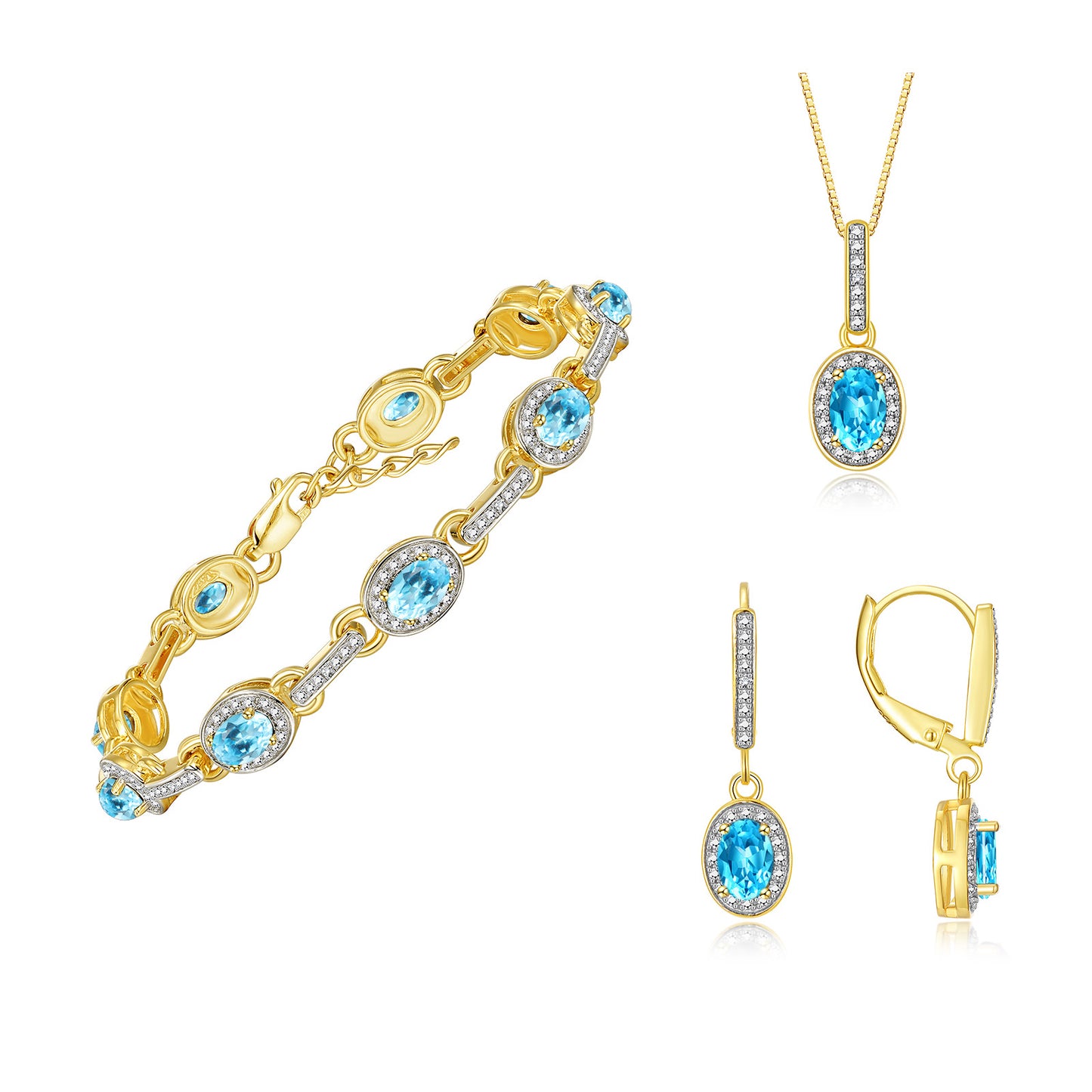 RYLOS Matching Jewelry Set Designer Halo Birthstone: 6X4MM Gemstone & Diamonds, Yellow Gold Plated Silver. Tennis Bracelet, Earrings & Necklace. Adjustable 7"-8" Wrist, 18" Chain.