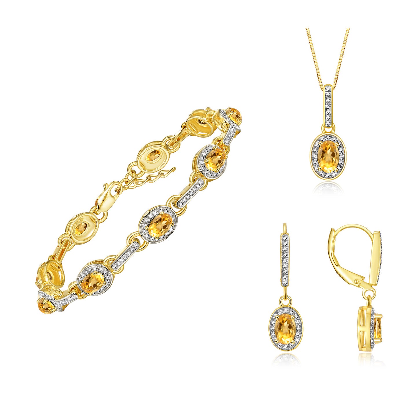 RYLOS Matching Jewelry Set Designer Halo Birthstone: 6X4MM Gemstone & Diamonds, Yellow Gold Plated Silver. Tennis Bracelet, Earrings & Necklace. Adjustable 7"-8" Wrist, 18" Chain.