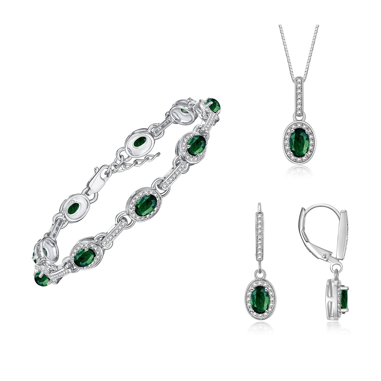 RYLOS Matching Jewelry Set Designer Halo Birthstone: 6X4MM Gemstone & Diamonds, Sterling Silver. Tennis Bracelet, Earrings & Necklace. Adjustable 7"-8" Wrist, 18" Chain.
