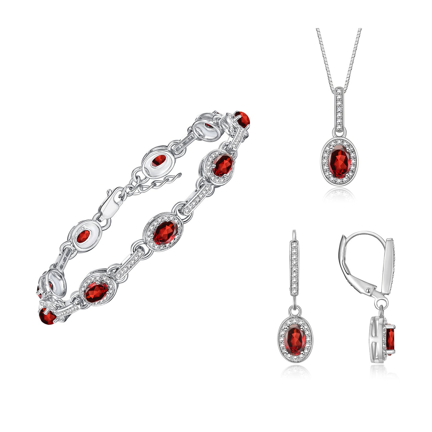 RYLOS Matching Jewelry Set Designer Halo Birthstone: 6X4MM Gemstone & Diamonds, Sterling Silver. Tennis Bracelet, Earrings & Necklace. Adjustable 7"-8" Wrist, 18" Chain.