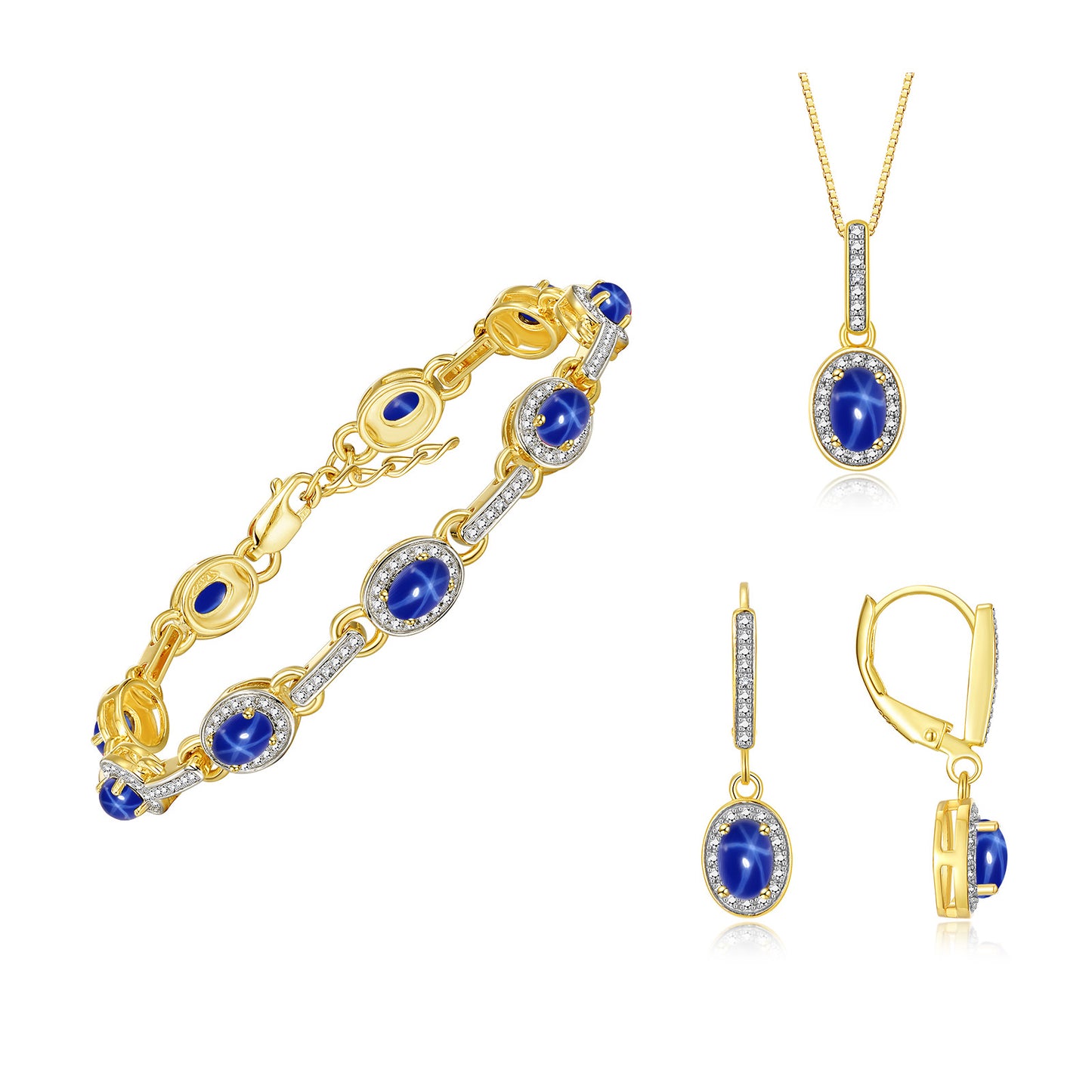 RYLOS Matching Jewelry Set Designer Halo Birthstone: 6X4MM Gemstone & Diamonds, Yellow Gold Plated Silver. Tennis Bracelet, Earrings & Necklace. Adjustable 7"-8" Wrist, 18" Chain.