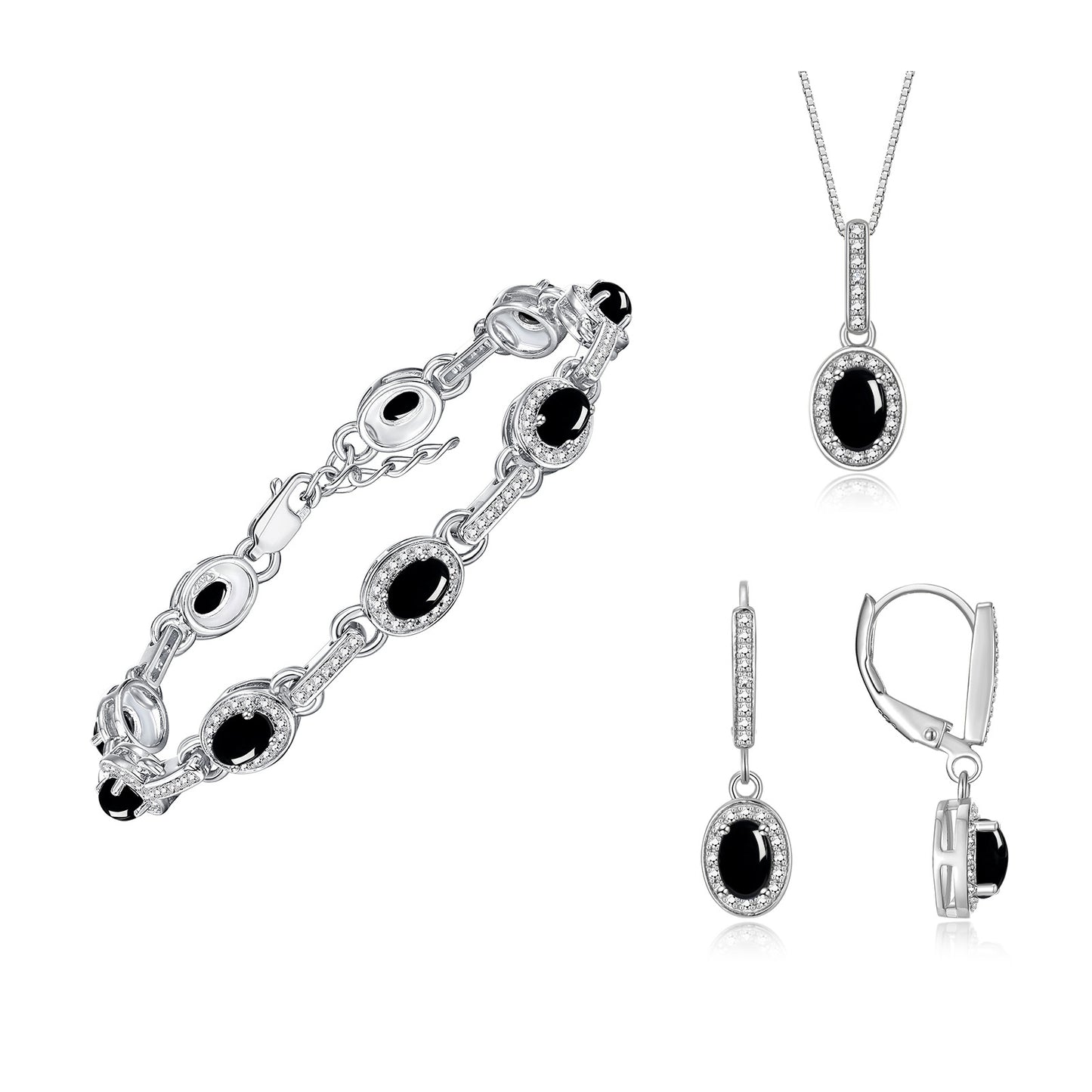 RYLOS Matching Jewelry Set Designer Halo Birthstone: 6X4MM Gemstone & Diamonds, Sterling Silver. Tennis Bracelet, Earrings & Necklace. Adjustable 7"-8" Wrist, 18" Chain.