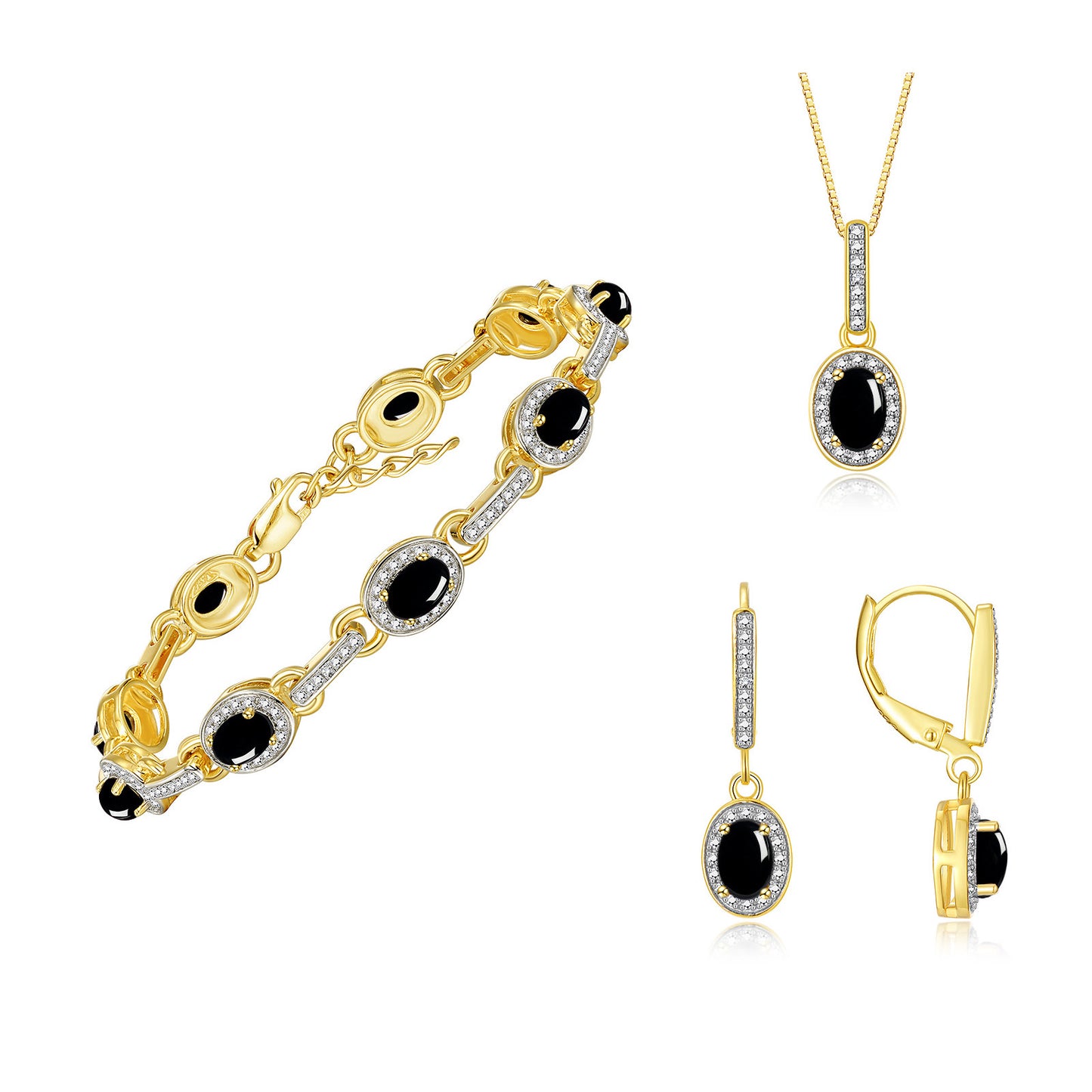 RYLOS Matching Jewelry Set Designer Halo Birthstone: 6X4MM Gemstone & Diamonds, Yellow Gold Plated Silver. Tennis Bracelet, Earrings & Necklace. Adjustable 7"-8" Wrist, 18" Chain.