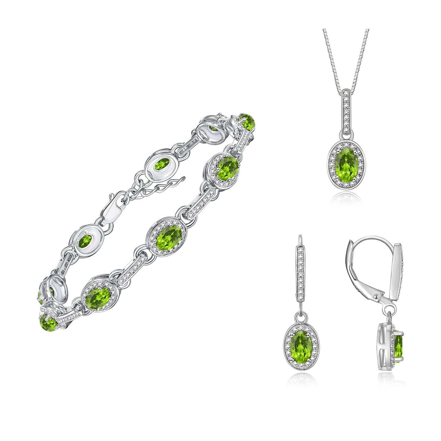 RYLOS Matching Jewelry Set Designer Halo Birthstone: 6X4MM Gemstone & Diamonds, Sterling Silver. Tennis Bracelet, Earrings & Necklace. Adjustable 7"-8" Wrist, 18" Chain.