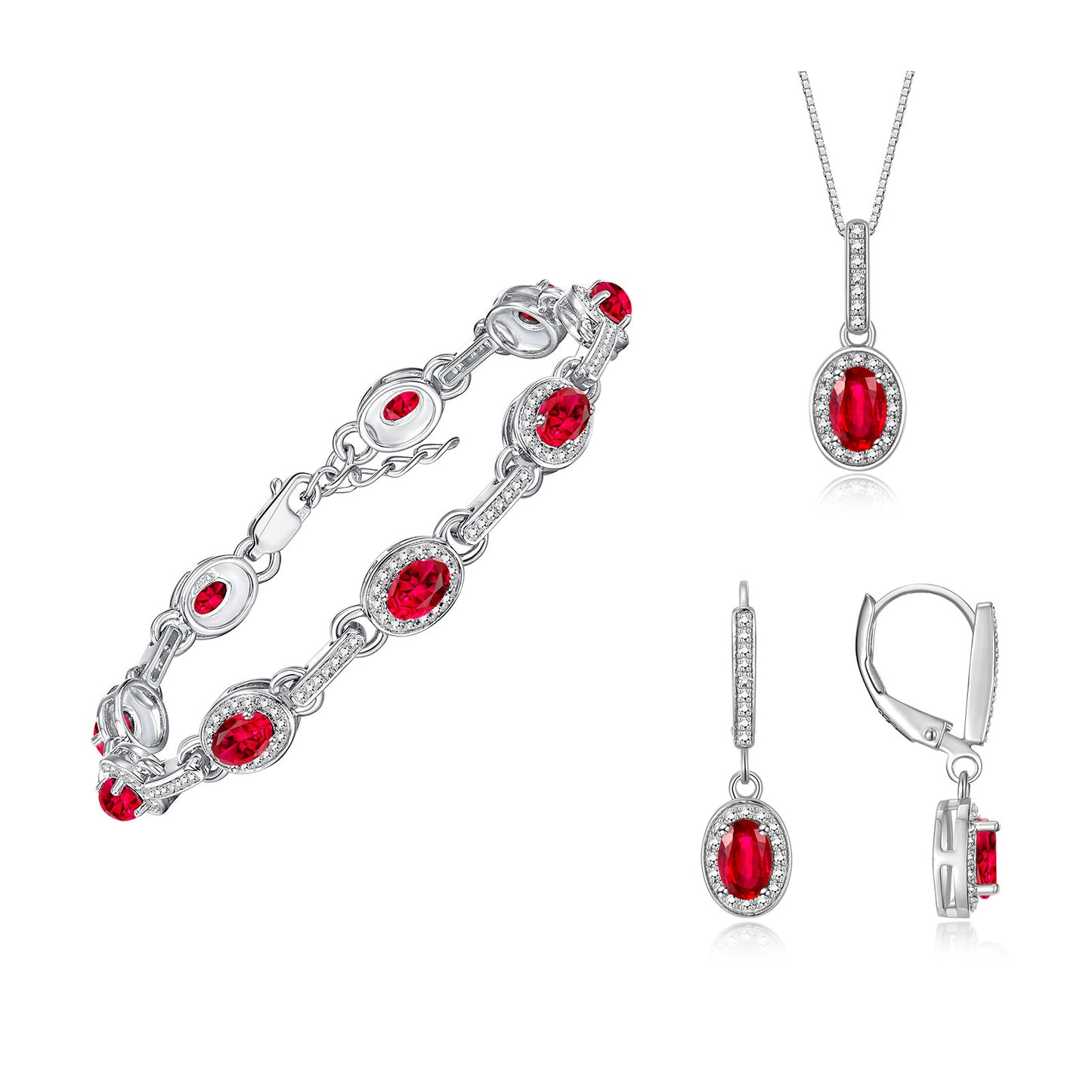 RYLOS Matching Jewelry Set Designer Halo Birthstone: 6X4MM Gemstone & Diamonds, Sterling Silver. Tennis Bracelet, Earrings & Necklace. Adjustable 7"-8" Wrist, 18" Chain.