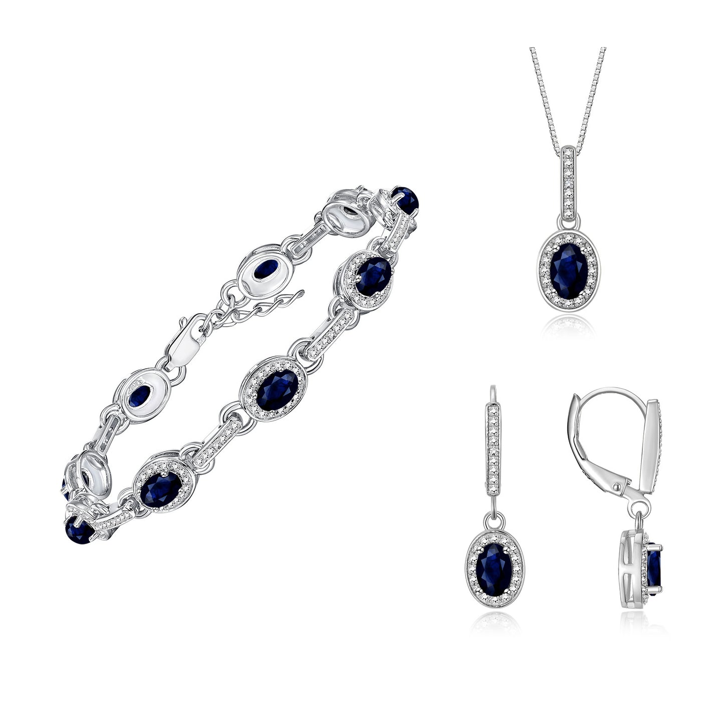 RYLOS Matching Jewelry Set Designer Halo Birthstone: 6X4MM Gemstone & Diamonds, Sterling Silver. Tennis Bracelet, Earrings & Necklace. Adjustable 7"-8" Wrist, 18" Chain.