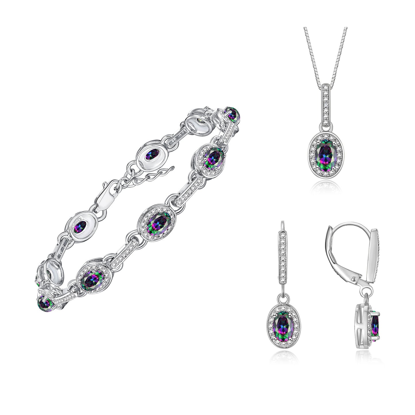 RYLOS Matching Jewelry Set Designer Halo Birthstone: 6X4MM Gemstone & Diamonds, Sterling Silver. Tennis Bracelet, Earrings & Necklace. Adjustable 7"-8" Wrist, 18" Chain.