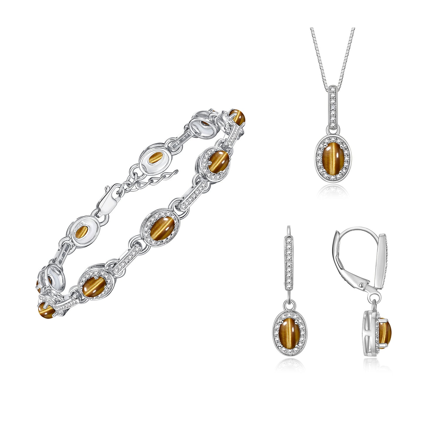 RYLOS Matching Jewelry Set Designer Halo Birthstone: 6X4MM Gemstone & Diamonds, Sterling Silver. Tennis Bracelet, Earrings & Necklace. Adjustable 7"-8" Wrist, 18" Chain.