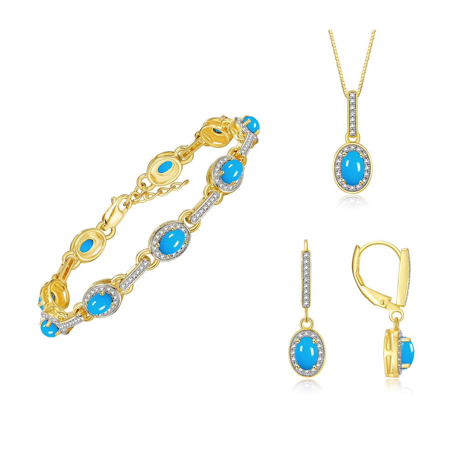 RYLOS Matching Jewelry Set Designer Halo Birthstone: 6X4MM Gemstone & Diamonds, Yellow Gold Plated Silver. Tennis Bracelet, Earrings & Necklace. Adjustable 7"-8" Wrist, 18" Chain.