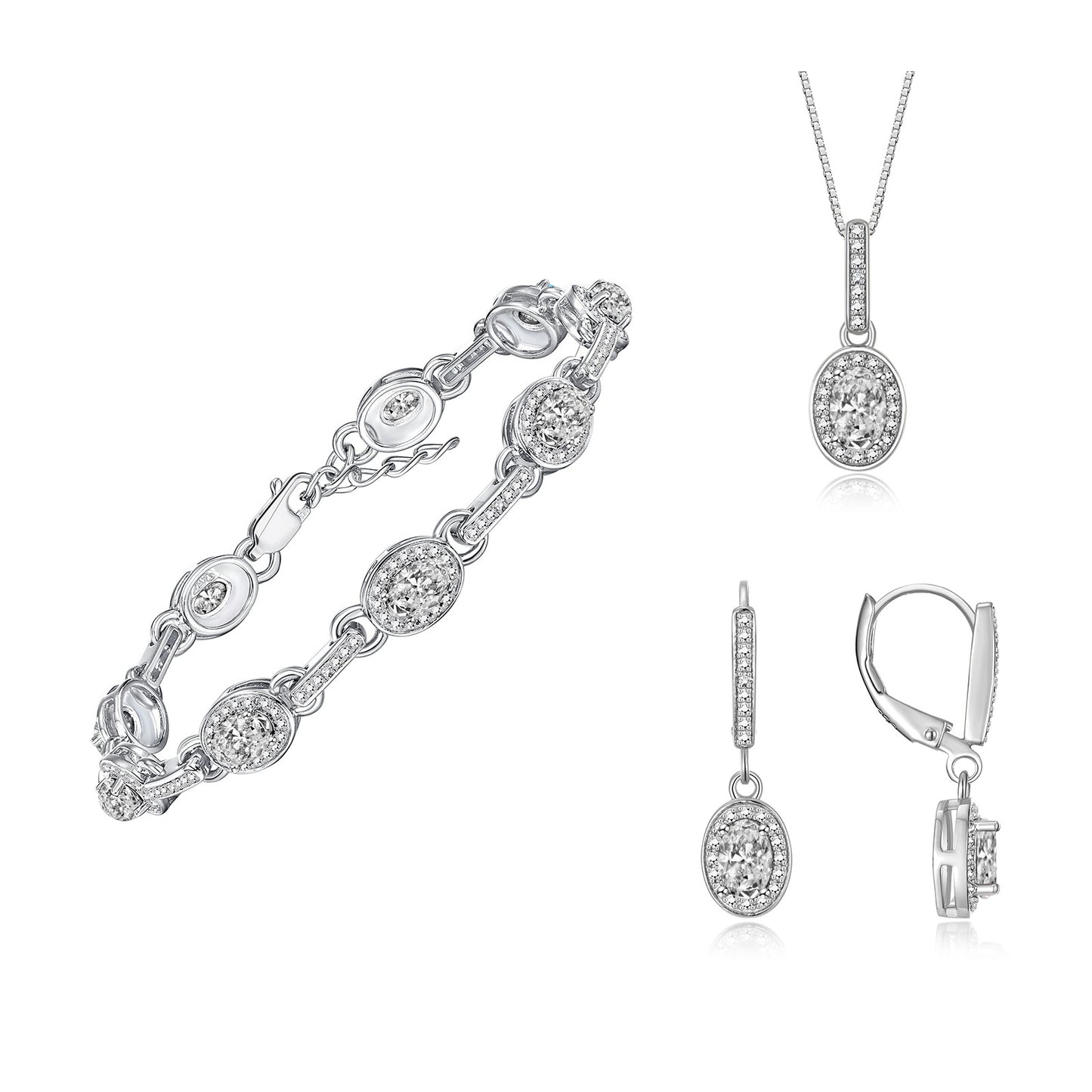 RYLOS Matching Jewelry Set Designer Halo Birthstone: 6X4MM Gemstone & Diamonds, Sterling Silver. Tennis Bracelet, Earrings & Necklace. Adjustable 7"-8" Wrist, 18" Chain.
