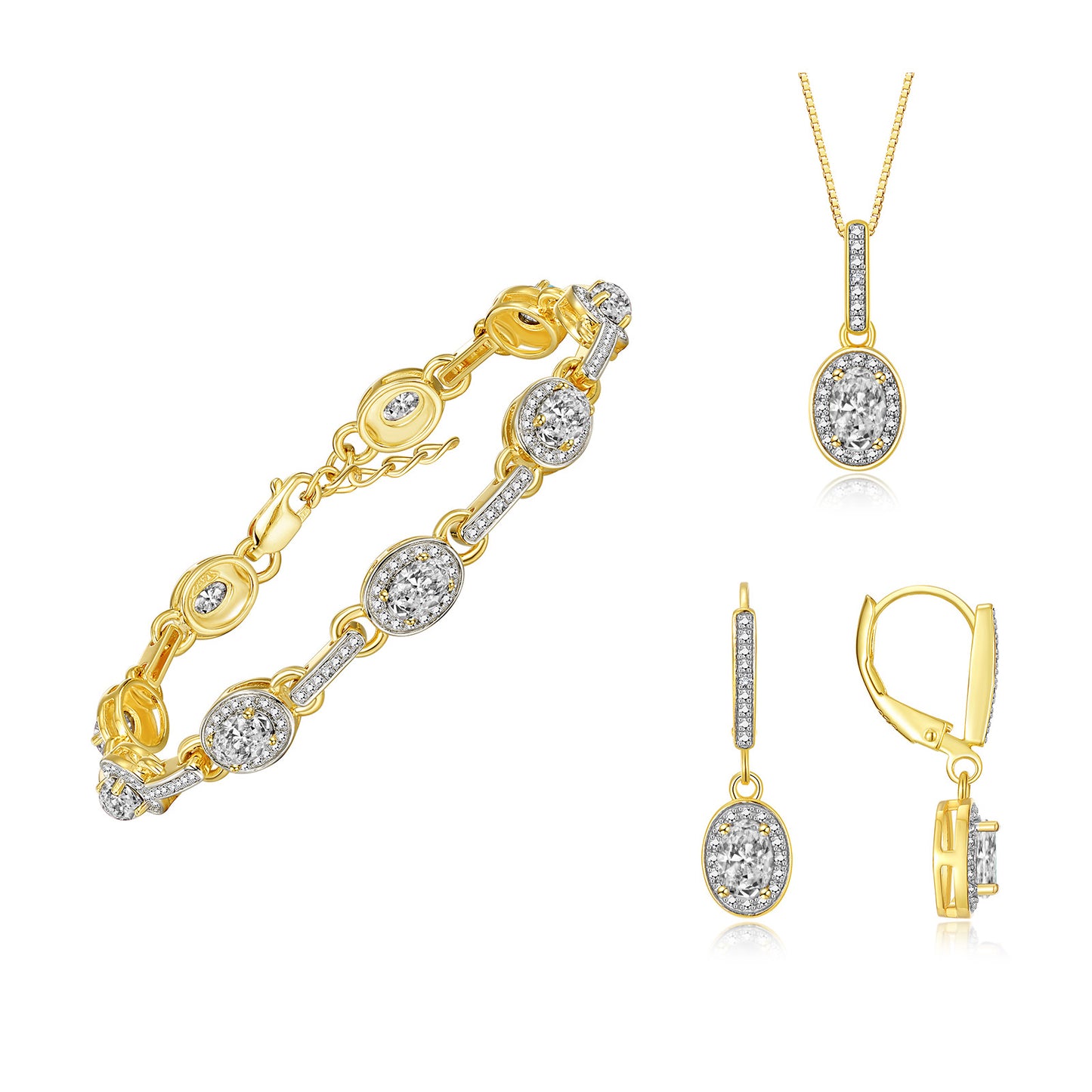 RYLOS Matching Jewelry Set Designer Halo Birthstone: 6X4MM Gemstone & Diamonds, Yellow Gold Plated Silver. Tennis Bracelet, Earrings & Necklace. Adjustable 7"-8" Wrist, 18" Chain.