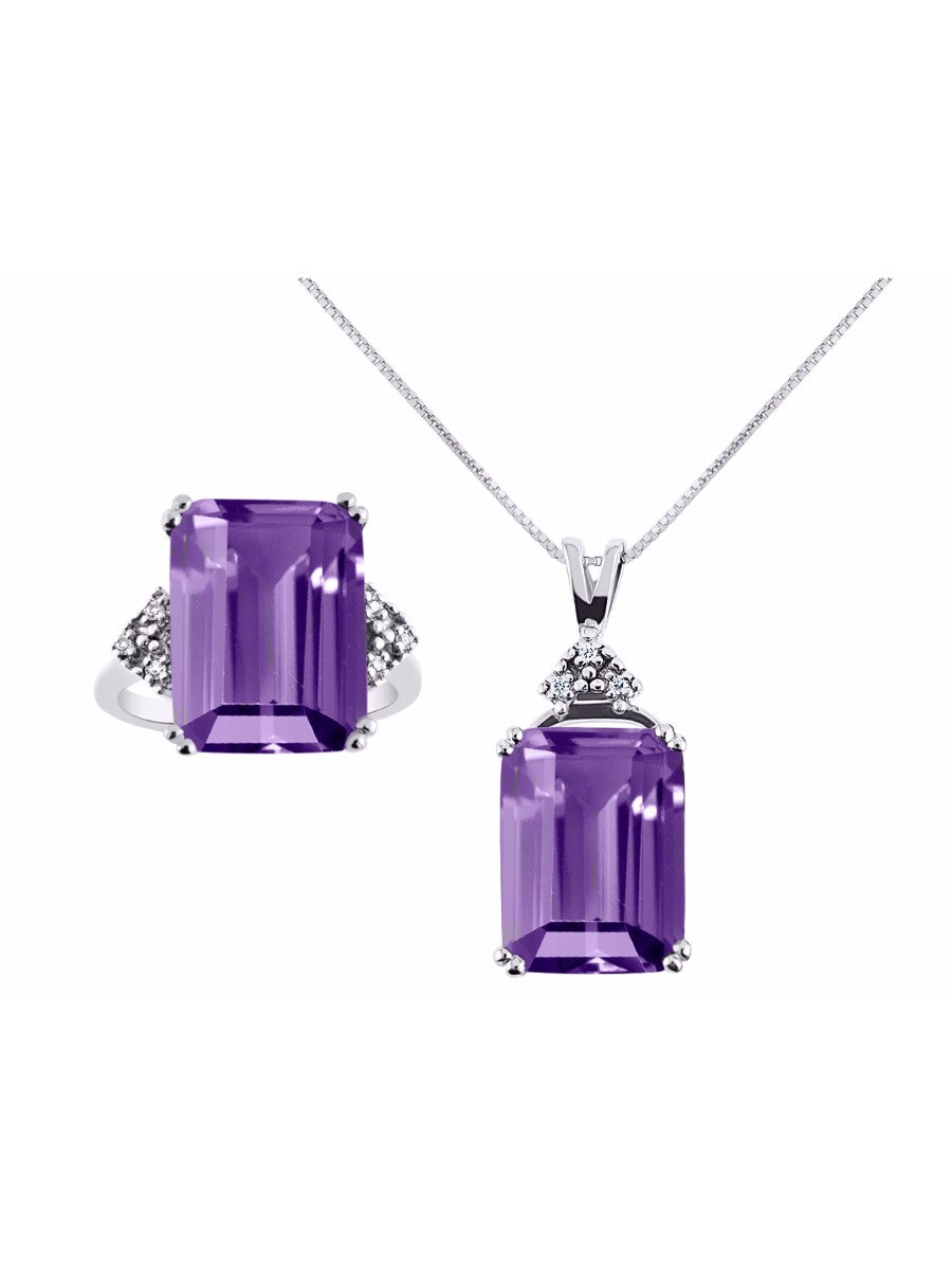 RYLOS Women's Sterling Silver Emerald Cut Gemstone & Diamond Ring & Matching Necklace, Rectangular 16X12MM Birthstone; Sizes 5-13