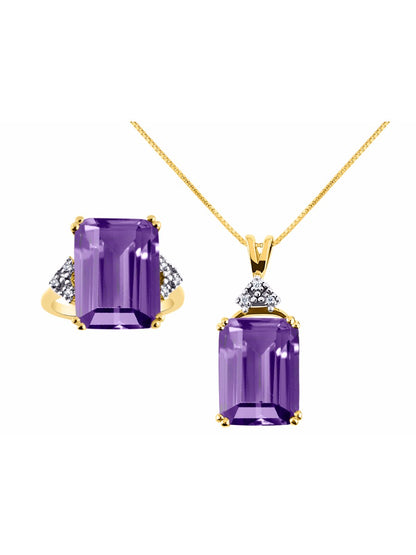 RYLOS Women's Yellow Gold Plated Silver Emerald Cut Gemstone & Diamond Ring & Matching Necklace, Rectangular 16X12MM Birthstone; Sizes 5-13