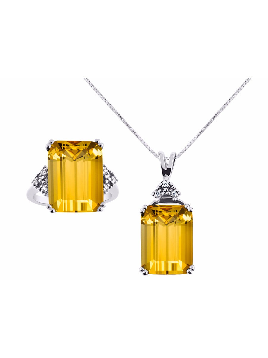 RYLOS Women's Sterling Silver Emerald Cut Gemstone & Diamond Ring & Matching Necklace, Rectangular 16X12MM Birthstone; Sizes 5-13