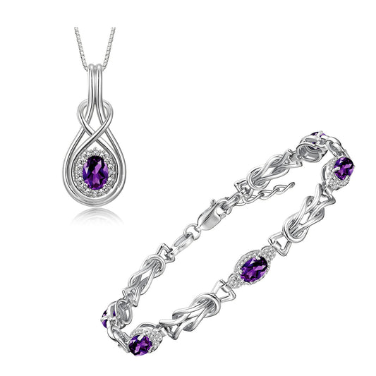 RYLOS Matching Jewelry Sterling Silver Love Knot Set: Tennis Bracelet & Pendant Necklace. Gemstone & Diamonds, 7"-8" Adjustable Wrist, 18" Chain. 9X7MM & 7X5MM Birthstone Jewelry