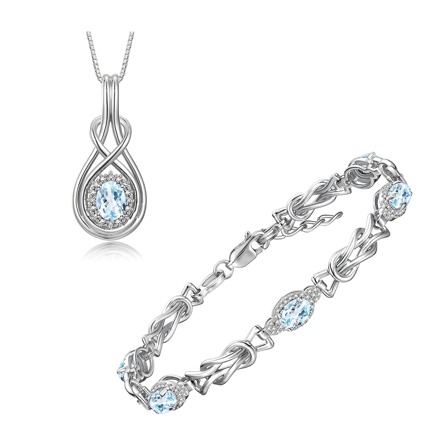 RYLOS Matching Jewelry Sterling Silver Love Knot Set: Tennis Bracelet & Pendant Necklace. Gemstone & Diamonds, 7"-8" Adjustable Wrist, 18" Chain. 9X7MM & 7X5MM Birthstone Jewelry