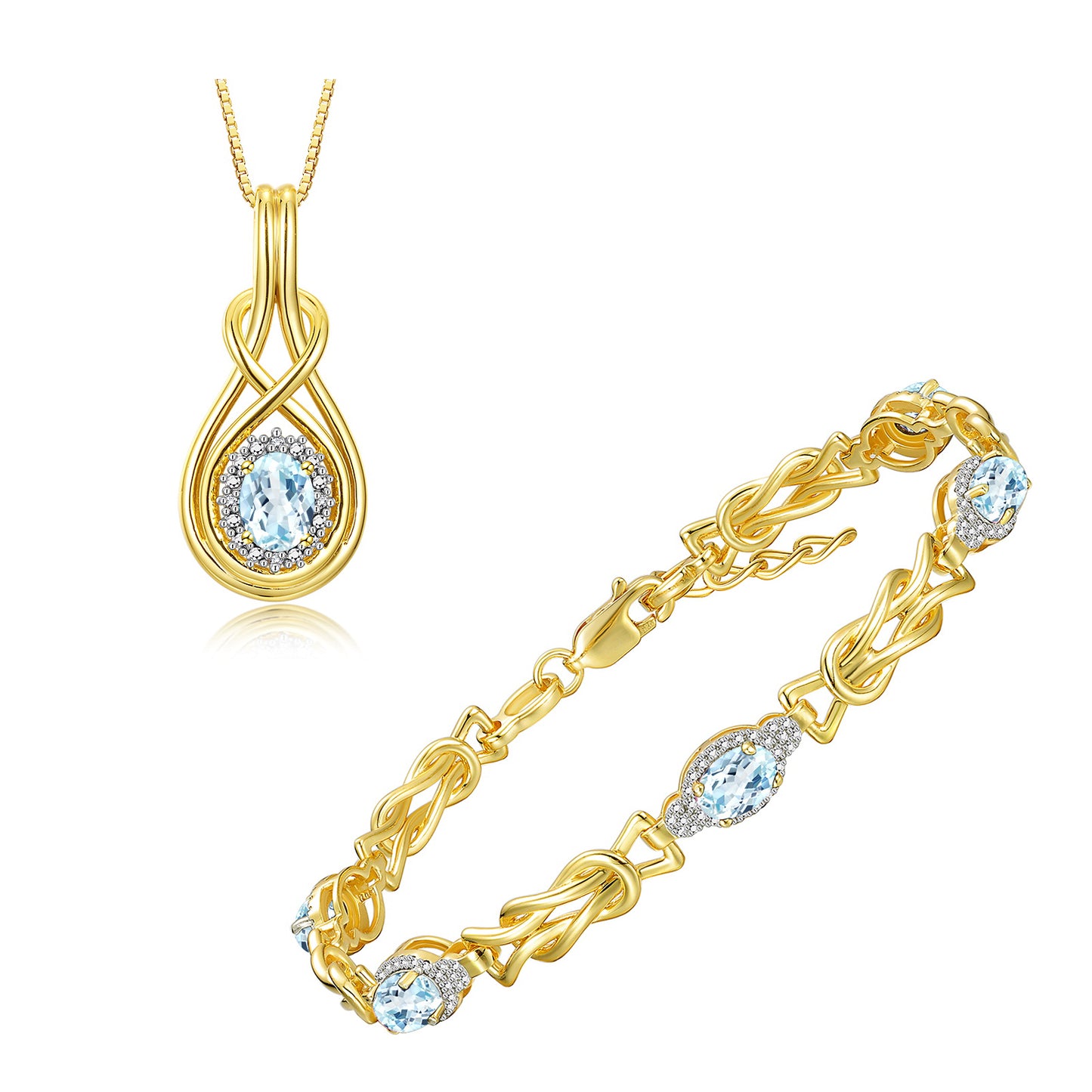 RYLOS Matching Jewelry Yellow Gold Plated Silver Love Knot Set: Tennis Bracelet & Pendant Necklace. Gemstone & Diamonds, 7"-8" Adjustable Wrist, 18" Chain. 9X7MM & 7X5MM Birthstone Jewelry