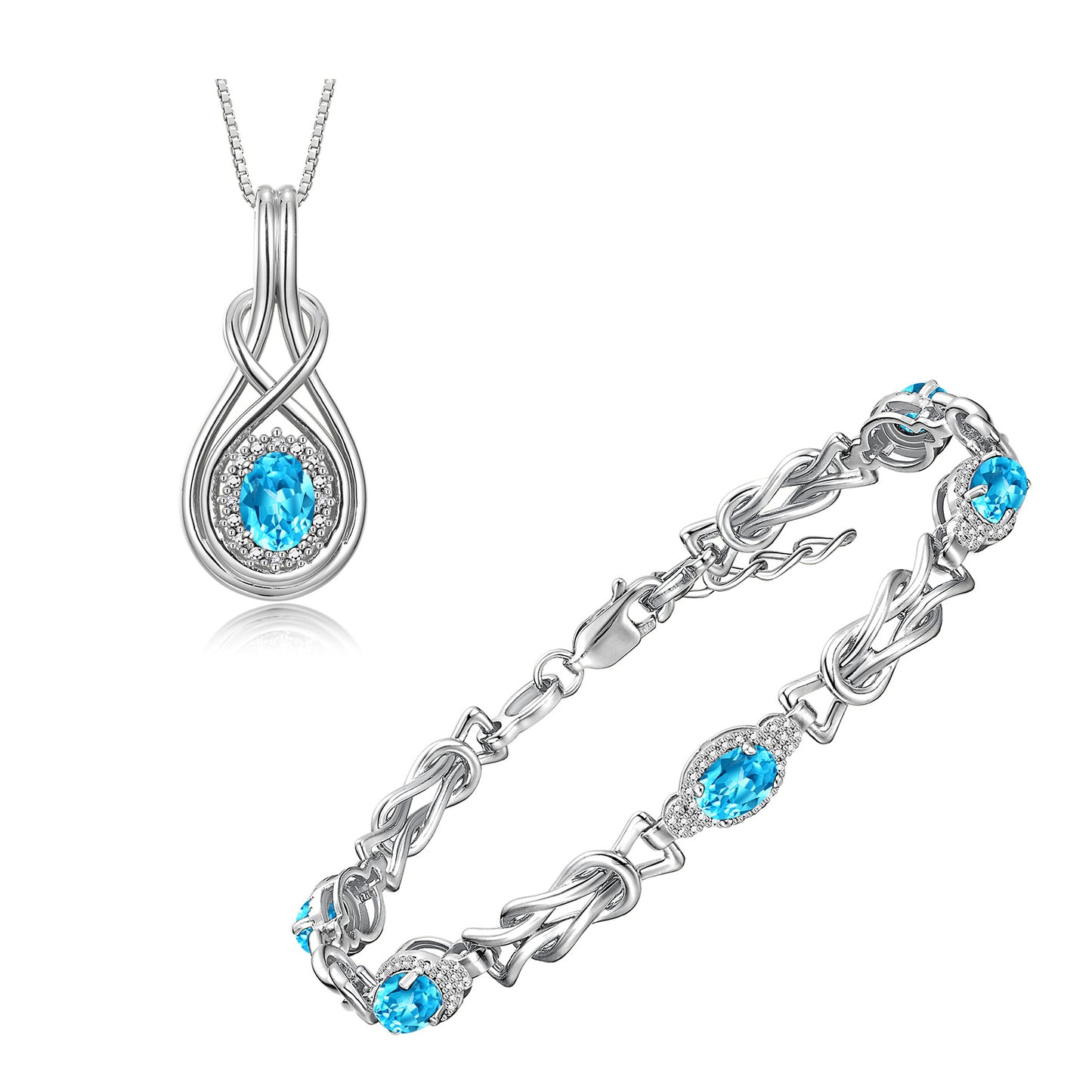 RYLOS Matching Jewelry Sterling Silver Love Knot Set: Tennis Bracelet & Pendant Necklace. Gemstone & Diamonds, 7"-8" Adjustable Wrist, 18" Chain. 9X7MM & 7X5MM Birthstone Jewelry