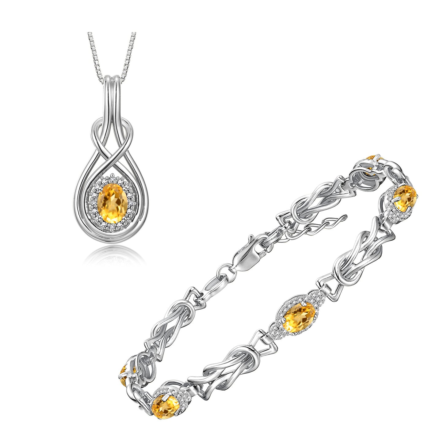 RYLOS Matching Jewelry Sterling Silver Love Knot Set: Tennis Bracelet & Pendant Necklace. Gemstone & Diamonds, 7"-8" Adjustable Wrist, 18" Chain. 9X7MM & 7X5MM Birthstone Jewelry