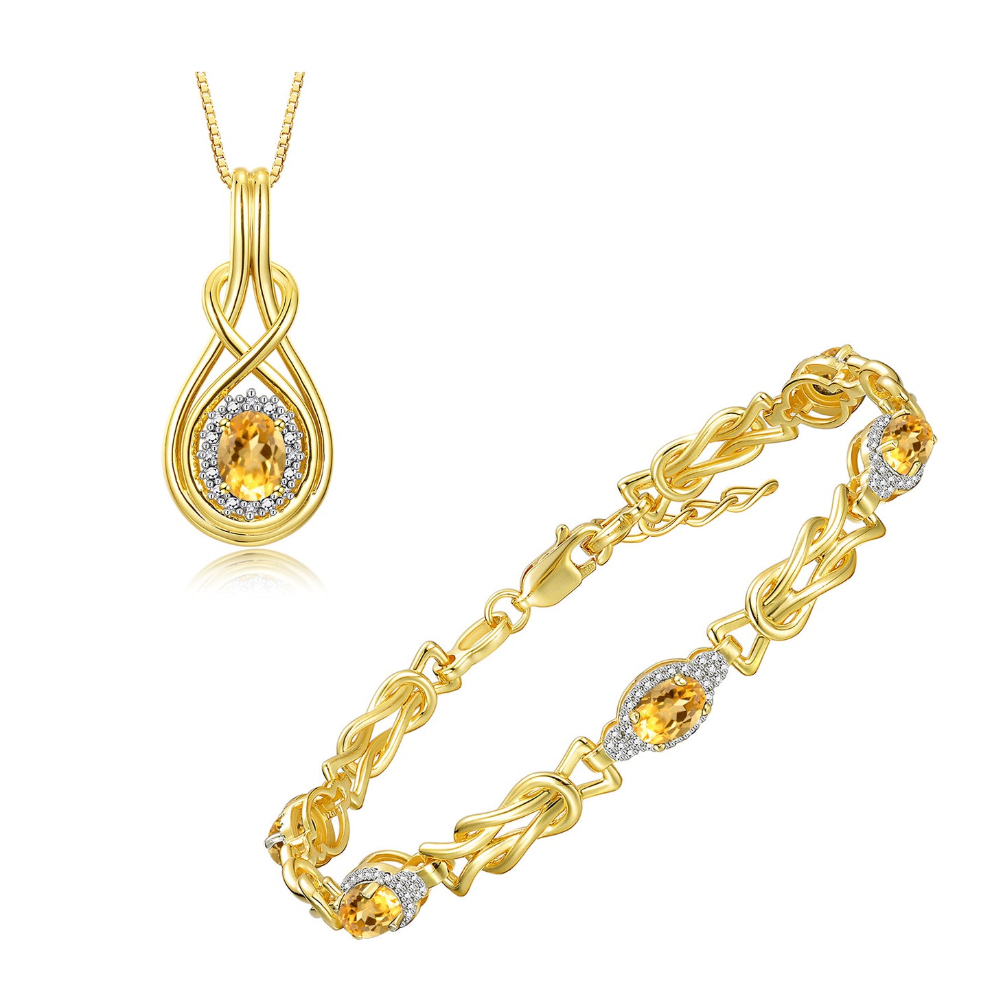 RYLOS Matching Jewelry Yellow Gold Plated Silver Love Knot Set: Tennis Bracelet & Pendant Necklace. Gemstone & Diamonds, 7"-8" Adjustable Wrist, 18" Chain. 9X7MM & 7X5MM Birthstone Jewelry