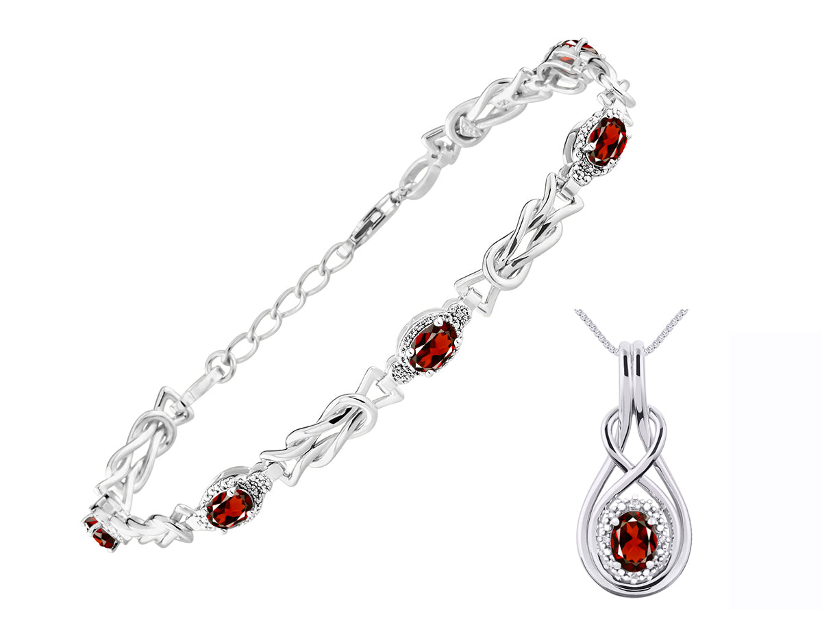 RYLOS Matching Jewelry Sterling Silver Love Knot Set: Tennis Bracelet & Pendant Necklace. Gemstone & Diamonds, 7"-8" Adjustable Wrist, 18" Chain. 9X7MM & 7X5MM Birthstone Jewelry