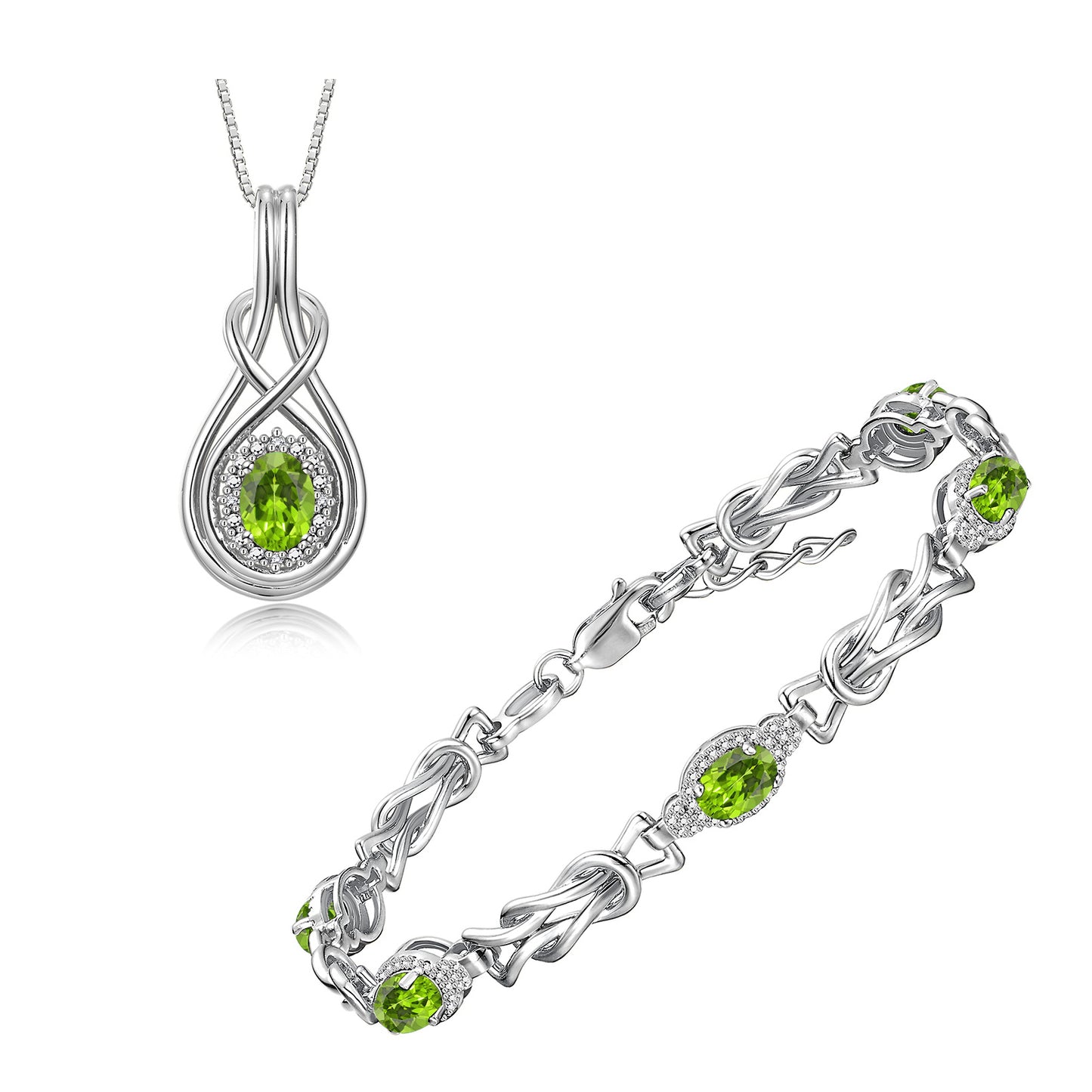RYLOS Matching Jewelry Sterling Silver Love Knot Set: Tennis Bracelet & Pendant Necklace. Gemstone & Diamonds, 7"-8" Adjustable Wrist, 18" Chain. 9X7MM & 7X5MM Birthstone Jewelry