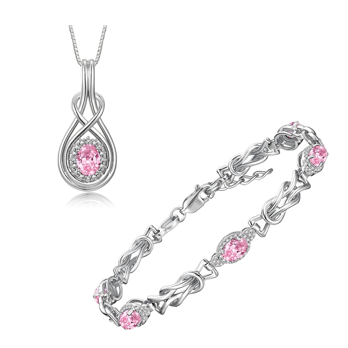 RYLOS Matching Jewelry Sterling Silver Love Knot Set: Tennis Bracelet & Pendant Necklace. Gemstone & Diamonds, 7"-8" Adjustable Wrist, 18" Chain. 9X7MM & 7X5MM Birthstone Jewelry