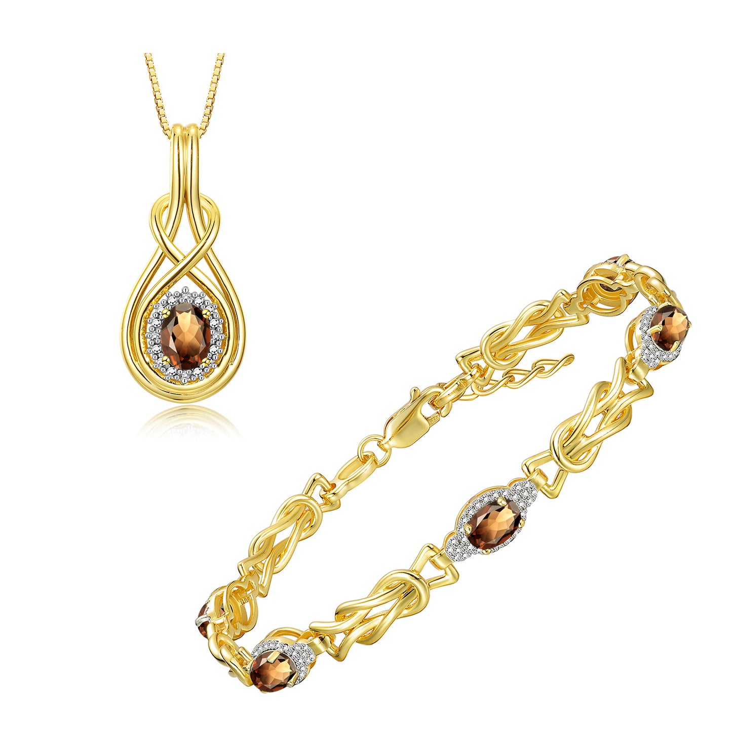 RYLOS Matching Jewelry Yellow Gold Plated Silver Love Knot Set: Tennis Bracelet & Pendant Necklace. Gemstone & Diamonds, 7"-8" Adjustable Wrist, 18" Chain. 9X7MM & 7X5MM Birthstone Jewelry