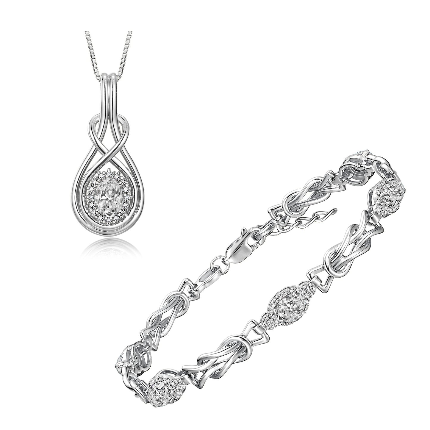 RYLOS Matching Jewelry Sterling Silver Love Knot Set: Tennis Bracelet & Pendant Necklace. Gemstone & Diamonds, 7"-8" Adjustable Wrist, 18" Chain. 9X7MM & 7X5MM Birthstone Jewelry