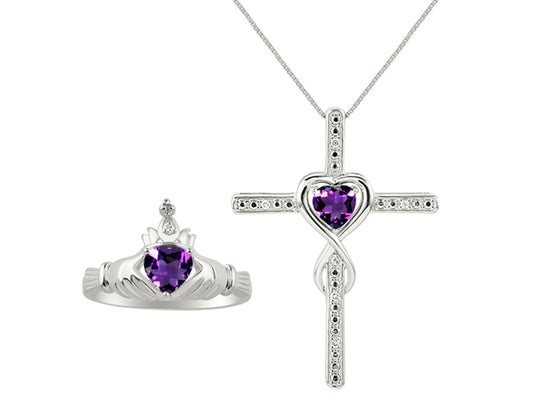 RYLOS Matching Jewelry 14K White Gold Claddagh Ring & Cross Necklace. Heart Gemstone & Diamonds, 6MM Birthstone; Sizes 5-10.