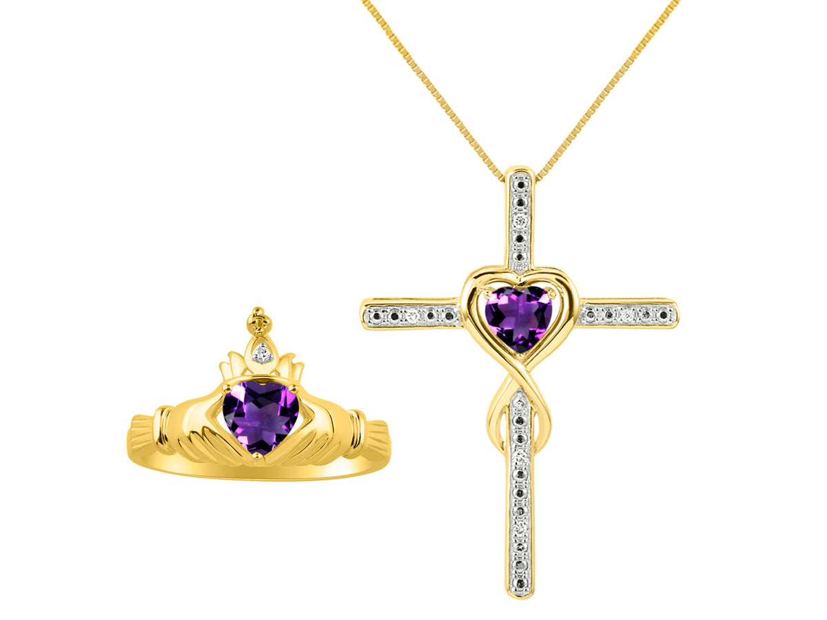 RYLOS Matching Jewelry 14K Yellow Gold Claddagh Friendship Ring & Cross Necklace with 18" Chain. Heart 6X4MM Gemstone & Diamonds; Sizes 8-10