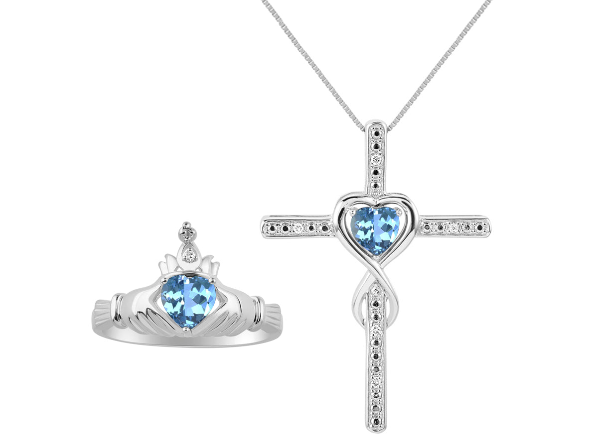 RYLOS Matching Jewelry Sterling Silver Claddagh Ring & Cross Necklace. Heart Gemstone & Diamonds, 6MM Birthstone; Sizes 5-10.