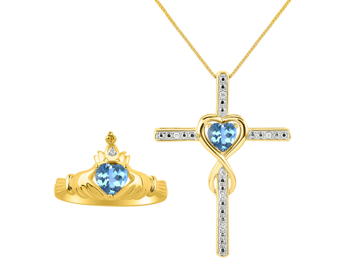 RYLOS Matching Jewelry Yellow Gold Plated Silver Claddagh Friendship Ring & Cross Necklace with 18" Chain. Heart 6X4MM Gemstone & Diamonds; Sizes 5-10
