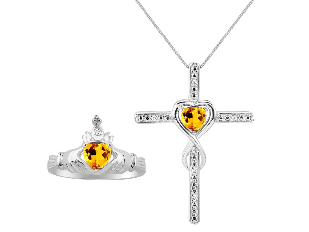 RYLOS Matching Jewelry Sterling Silver Claddagh Ring & Cross Necklace. Heart Gemstone & Diamonds, 6MM Birthstone; Sizes 5-10.