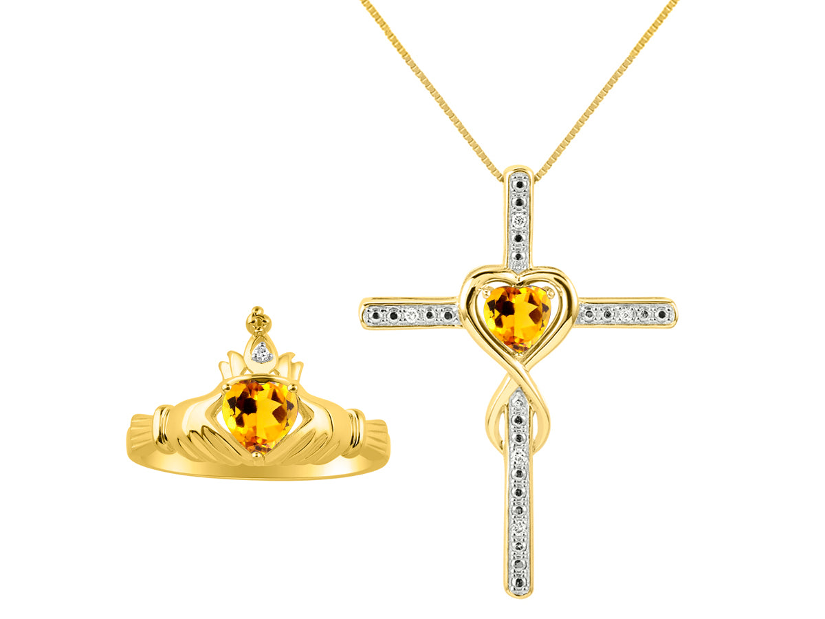 RYLOS Matching Jewelry 14K Yellow Gold Claddagh Friendship Ring & Cross Necklace with 18" Chain. Heart 6X4MM Gemstone & Diamonds; Sizes 5-10