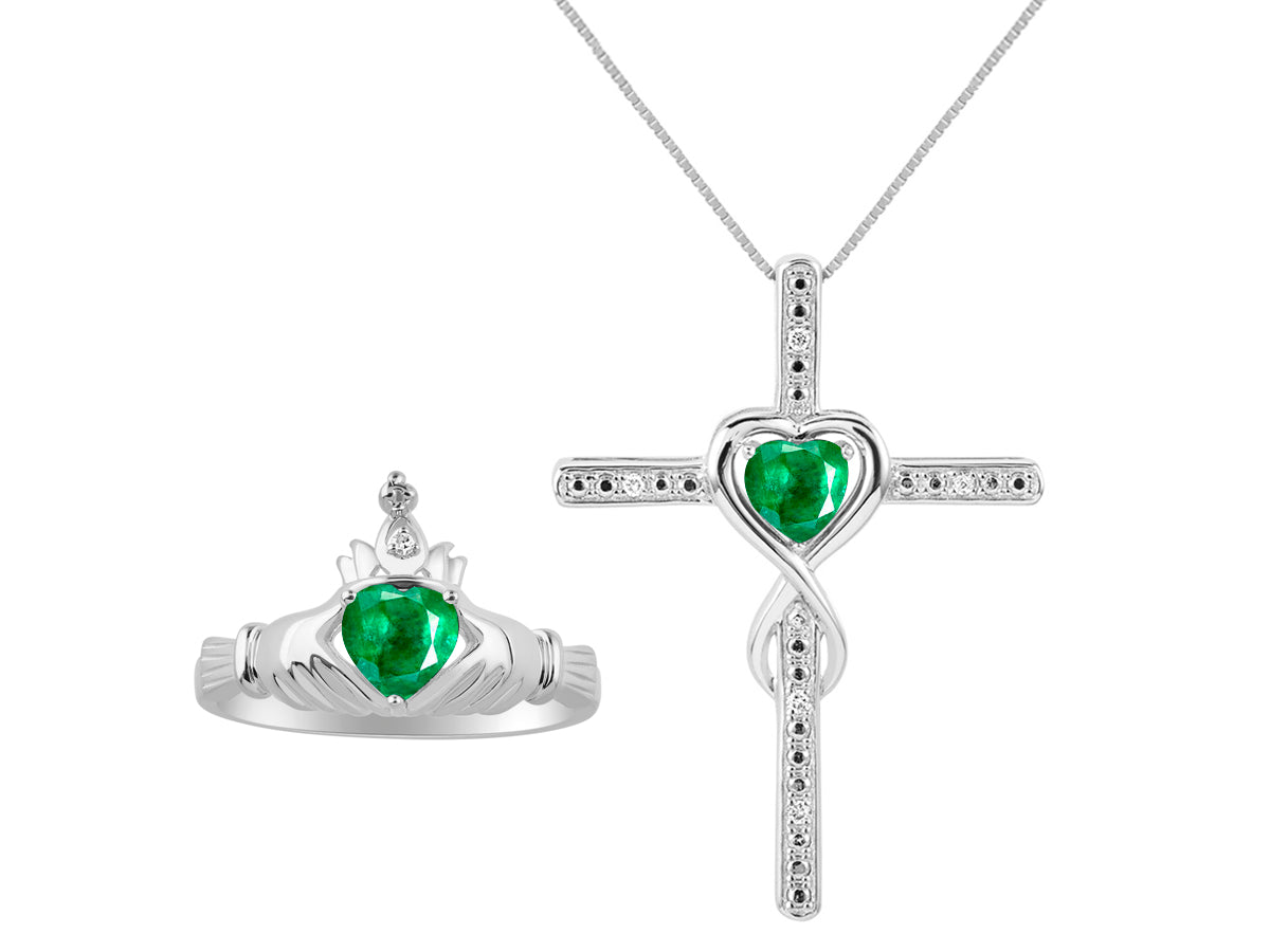RYLOS Matching Jewelry Sterling Silver Claddagh Ring & Cross Necklace. Heart Gemstone & Diamonds, 6MM Birthstone; Sizes 5-10.